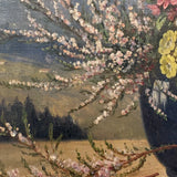 Alpine Flowers in Vases, c. 1920s-40s Bavarian Oil on Canvas Still Life with Mountains