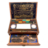 C. 1870 Joshua Rogers English Watercolors Box with Paints, Pots, Brass Stencils, More