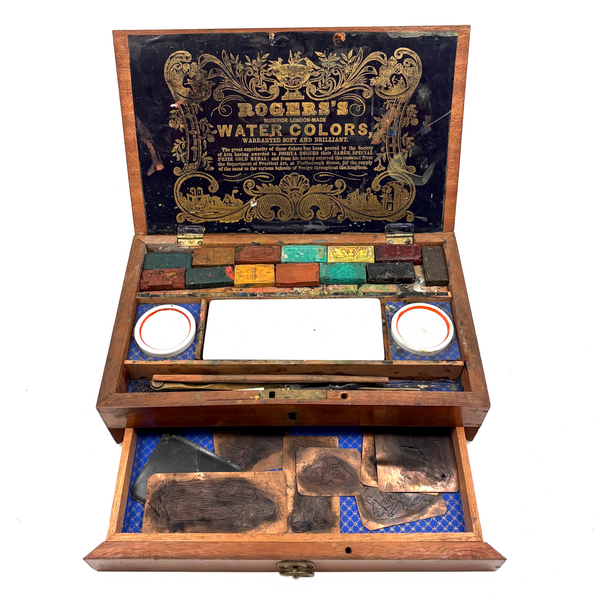 C. 1870 Joshua Rogers English Watercolors Box with Paints, Pots, Brass Stencils, More