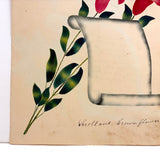 Scroll and Crown Flower; Roses and Poem: Double-sided 1848 Theorem Watercolor