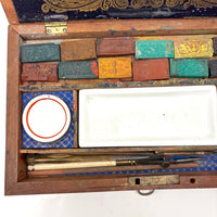 C. 1870 Joshua Rogers English Watercolors Box with Paints, Pots, Brass Stencils, More