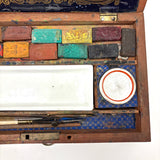 C. 1870 Joshua Rogers English Watercolors Box with Paints, Pots, Brass Stencils, More