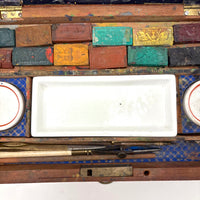 C. 1870 Joshua Rogers English Watercolors Box with Paints, Pots, Brass Stencils, More