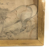 Antique Lion Graphite Drawing by W. Johnston Age 15 in Lemon Gold Frame