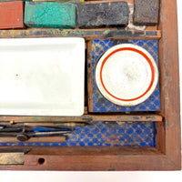 C. 1870 Joshua Rogers English Watercolors Box with Paints, Pots, Brass Stencils, More
