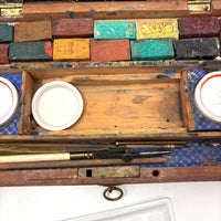 C. 1870 Joshua Rogers English Watercolors Box with Paints, Pots, Brass Stencils, More