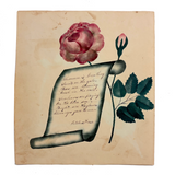 Scroll and Crown Flower; Roses and Poem: Double-sided 1848 Theorem Watercolor