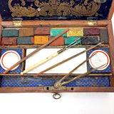 C. 1870 Joshua Rogers English Watercolors Box with Paints, Pots, Brass Stencils, More