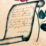 Scroll and Crown Flower; Roses and Poem: Double-sided 1848 Theorem Watercolor