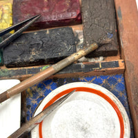 C. 1870 Joshua Rogers English Watercolors Box with Paints, Pots, Brass Stencils, More