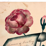 Scroll and Crown Flower; Roses and Poem: Double-sided 1848 Theorem Watercolor