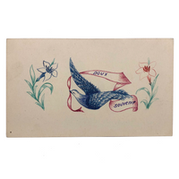 Doux Souvenir (Sweet Memory), Antique French Hand-drawn Postcard with Bird