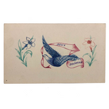 Doux Souvenir (Sweet Memory), Antique French Hand-drawn Postcard with Bird