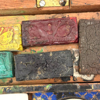 C. 1870 Joshua Rogers English Watercolors Box with Paints, Pots, Brass Stencils, More