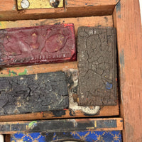 C. 1870 Joshua Rogers English Watercolors Box with Paints, Pots, Brass Stencils, More