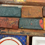 C. 1870 Joshua Rogers English Watercolors Box with Paints, Pots, Brass Stencils, More