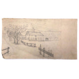 Antique Pencil Drawing of Farmhouse with Tree and Fences