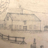 Antique Pencil Drawing of Farmhouse with Tree and Fences