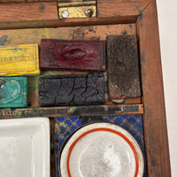 C. 1870 Joshua Rogers English Watercolors Box with Paints, Pots, Brass Stencils, More
