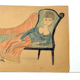Lounging on Chaise, Heels Crossed, Wonderful Antique Folk Art Graphite and Crayon Portrait (Diagonal Crease)