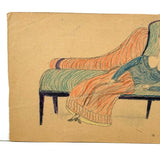 Lounging on Chaise, Heels Crossed, Wonderful Antique Folk Art Graphite and Crayon Portrait (Diagonal Crease)