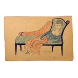 Lounging on Chaise, Heels Crossed, Wonderful Antique Folk Art Graphite and Crayon Portrait (Diagonal Crease)