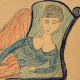 Lounging on Chaise, Heels Crossed, Wonderful Antique Folk Art Graphite and Crayon Portrait (Diagonal Crease)