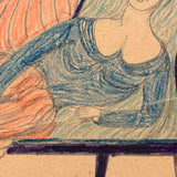 Lounging on Chaise, Heels Crossed, Wonderful Antique Folk Art Graphite and Crayon Portrait (Diagonal Crease)