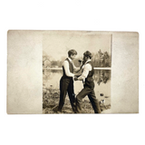 Dukes Up Beside the Pond, RPPC Portrait of Two Friends Play Boxing