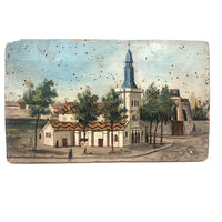 Antique French Oil on Wood Folk Art Painting of Church and Strolling Figures