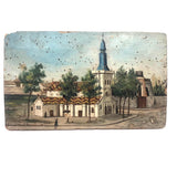Antique French Oil on Wood Folk Art Painting of Church and Strolling Figures