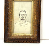Antique Miniature Tramp Art Frame with 19th Century Ink and Graphite Portrait