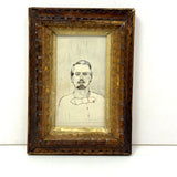 Antique Miniature Tramp Art Frame with 19th Century Ink and Graphite Portrait