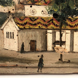 Antique French Oil on Wood Folk Art Painting of Church and Strolling Figures