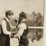 Dukes Up Beside the Pond, RPPC Portrait of Two Friends Play Boxing