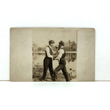 Dukes Up Beside the Pond, RPPC Portrait of Two Friends Play Boxing