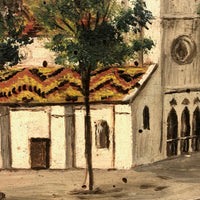 Antique French Oil on Wood Folk Art Painting of Church and Strolling Figures