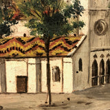 Antique French Oil on Wood Folk Art Painting of Church and Strolling Figures