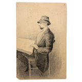 Looks Like a Hipster, Antique Graphite and Charcoal Drawing of Goateed Young Man Reading