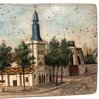 Antique French Oil on Wood Folk Art Painting of Church and Strolling Figures