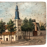 Antique French Oil on Wood Folk Art Painting of Church and Strolling Figures