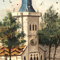 Antique French Oil on Wood Folk Art Painting of Church and Strolling Figures
