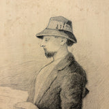 Looks Like a Hipster, Antique Graphite and Charcoal Drawing of Goateed Young Man Reading