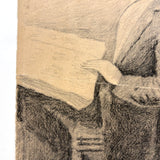 Looks Like a Hipster, Antique Graphite and Charcoal Drawing of Goateed Young Man Reading