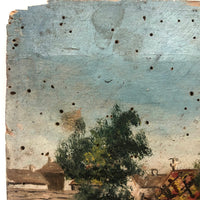 Antique French Oil on Wood Folk Art Painting of Church and Strolling Figures