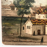 Antique French Oil on Wood Folk Art Painting of Church and Strolling Figures