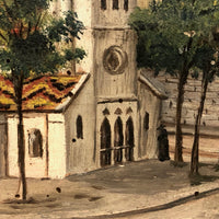 Antique French Oil on Wood Folk Art Painting of Church and Strolling Figures