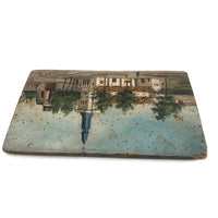 Antique French Oil on Wood Folk Art Painting of Church and Strolling Figures