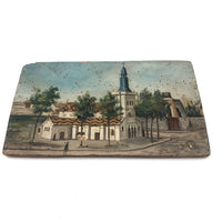 Antique French Oil on Wood Folk Art Painting of Church and Strolling Figures