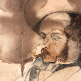 Portrait of Smoking Man, Fine 19th C. John Henry Sylvester British Watercolor Drawing